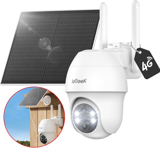 ieGeek 4G LTE Bewakingscamera Solar Buiten met SIM-kaart - 2K Ultra HD, Nachtzicht, Bewegingsdetectie, IP65, 360° Draaibaar - Geen WiFi Nodig, SD & Cloud Opslag - Incl. Zonnepaneel - Voor Tuin, Erf & Bedrijf van ieGeek