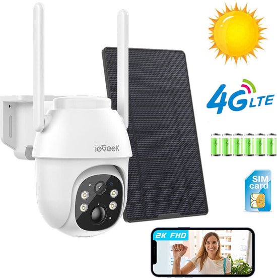 ieGeek 4G LTE mobiele beveiligingscamera draadloos buiten, 2K geen wifi zonne-energie camera ingebouwde simkaart, 2-weg praatcamera's voor thuisbeveiliging met PIR-bewegingsdetectie, IP66, nachtzicht, schijnwerpers van ieGeek