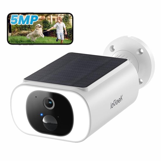 ieGeek 5 MP bewakingscamera - 5000 mAh-Accu - Draadloze Buitencamera met Ingebouwd Zonnepaneel van 6 W - AI-herkenning van personen en voertuigen