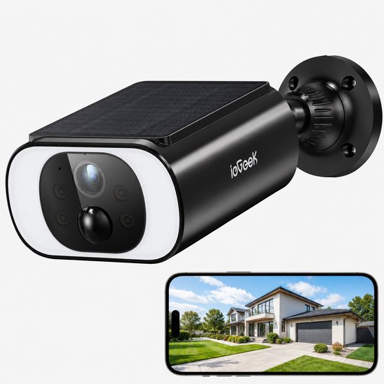 ieGeek 5 MP HD-bewakingscamera voor buiten met accu en zonnepaneel, IP-camera voor buiten op zonne-energie met schijnwerper, PIR-bewegingsdetectie, 2,4 GHz wifi