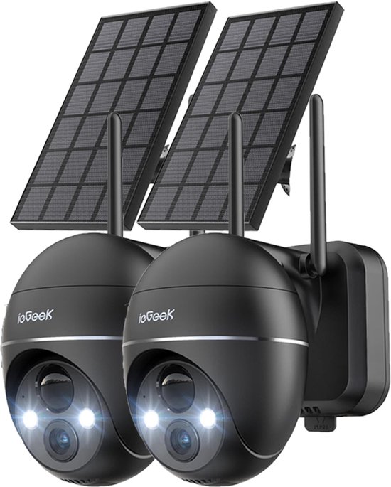 ieGeek 5MP Beveiligingscamera Braadloos Buiten - Zonne Energie Kamera - Draadloos Wifi - 360° PTZ - Werkt op Batterijen - Tschijnwerper en Sirene - Bewegingsdetectie - Kleuren-Nachtzicht - 2-Weg Audio - IP65 - Werkt met Alexa - 2 Stuks