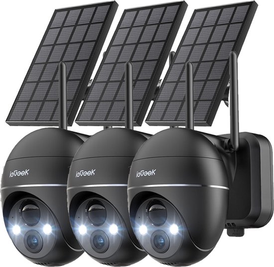 ieGeek 5MP Beveiligingscamera Braadloos Buiten - Zonne Energie Kamera - Draadloos Wifi - 360° PTZ - Werkt op Batterijen - Tschijnwerper en Sirene - Bewegingsdetectie - Kleuren-Nachtzicht - 2-Weg Audio - IP65 - Werkt met Alexa - 3 Stuks