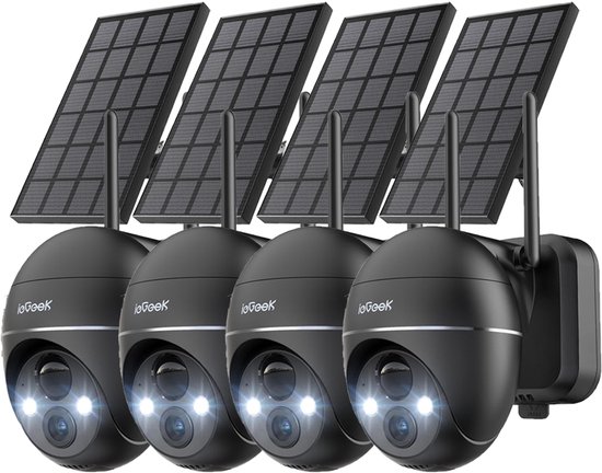 ieGeek 5MP Beveiligingscamera Braadloos Buiten - Zonne Energie Kamera - Draadloos Wifi - 360° PTZ - Werkt op Batterijen - Tschijnwerper en Sirene - Bewegingsdetectie - Kleuren-Nachtzicht - 2-Weg Audio - IP65 - Werkt met Alexa - 4 Stuks van ieGeek