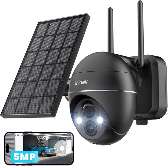 ieGeek 5MP Beveiligingscamera Braadloos Buiten - Zonne Energie Kamera - Draadloos Wifi - 360° PTZ - Werkt op Batterijen - Tschijnwerper en Sirene - Bewegingsdetectie - Kleuren-Nachtzicht - 2-Weg Audio - IP65 - Werkt met Alexa van ieGeek