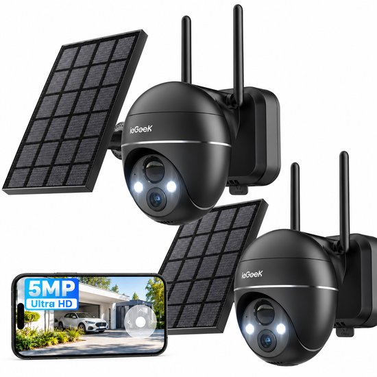 ieGeek 5MP Beveiligingscamera Buiten met Zonnepaneel – Draadloze WiFi Camera op Accu – 355°/120° PTZ – 30 m Kleurennachtzicht – PIR Bewegingsdetectie – Tweeweg Audio - 2pcs