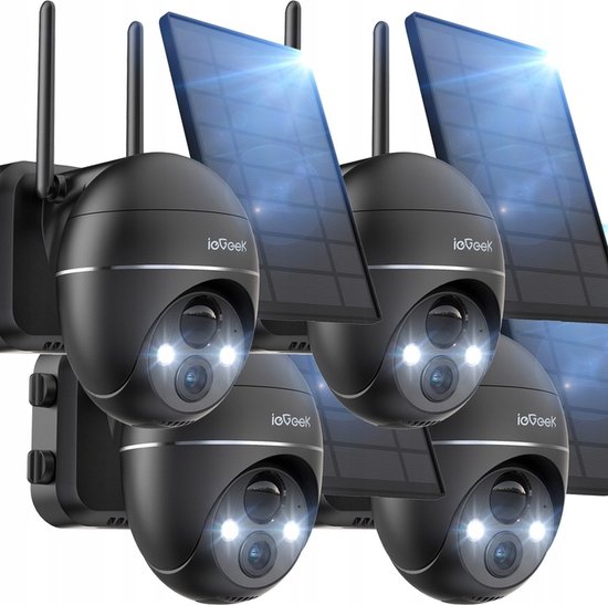 ieGeek 5MP Beveiligingscamera's Draadloos Buiten, Zonne-energie Buiten Beveiligingscamerasysteem 360° PTZ met Spotlight & Sirene, 2.4Ghz Buitencamera's voor Thuisbeveiliging, Kleuren Nachtzicht, Werkt met Alexa, 4 stuks van ieGeek
