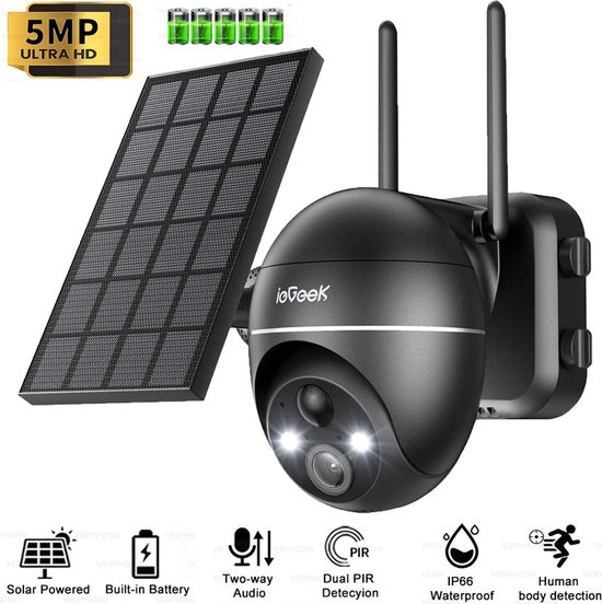 ieGeek 5MP Beveiligingscamera's Draadloos Buiten, Zonne-energie Buiten Beveiligingscamerasysteem 360° PTZ met Spotlight & Sirene, 2.4Ghz Buitencamera's voor Thuisbeveiliging, Kleuren Nachtzicht, Werkt met Alexa van ieGeek