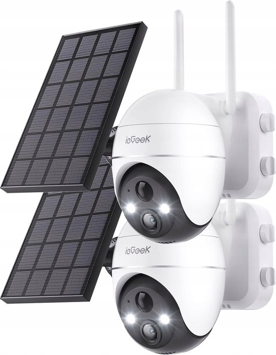 ieGeek 5MP Beveiligingscamera's Draadloos Buiten, Zonnecamera Buiten Draadloos WiFi 360° PTZ Op Batterijen Met Spotlight & Sirene/Bewegingsdetectie/Kleuren Nachtzicht/2-Weg Audio/IP65, Werkt met Alexa, 2 stuks van ieGeek