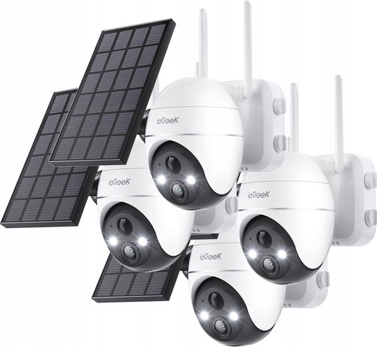 ieGeek 5MP Beveiligingscamera's Draadloos Buiten, Zonnecamera Buiten Draadloos WiFi 360° PTZ Op Batterijen Met Spotlight & Sirene/Bewegingsdetectie/Kleuren Nachtzicht/2-Weg Audio/IP65, Werkt met Alexa, 4 stuks van ieGeek