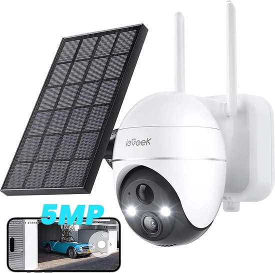 ieGeek 5MP Beveiligingscamera's Draadloos Buiten, Zonnecamera Buiten Draadloos WiFi 360° PTZ Op Batterijen Met Spotlight & Sirene/Bewegingsdetectie/Kleuren Nachtzicht/2-Weg Audio/IP65, Werkt met Alexa van ieGeek