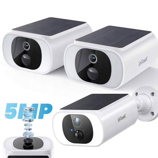ieGeek 5MP camerabewaking buiten - bewakingscamera voor buiten - zonne-energie - accu - 2,4 GHz WLAN - met Bewegingsmelder -Wit - 2 stuks van ieGeek