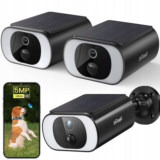 ieGeek 5MP camerabewaking buiten - bewakingscamera voor buiten - zonne-energie - accu - 2,4 GHz WLAN - met Bewegingsmelder -Zwart- 2 stuks van ieGeek