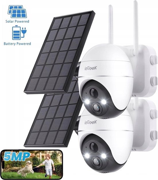 ieGeek 5MP HD Bewakingscamera Batterij Buiten Wi-Fi - 360° Draaibare Draadloze Bewakingscamera Set met Zonnepaneel - PIR Bewegingsdetector met Overstromingslicht - 2-Weg Audio - Nachtzicht van ieGeek