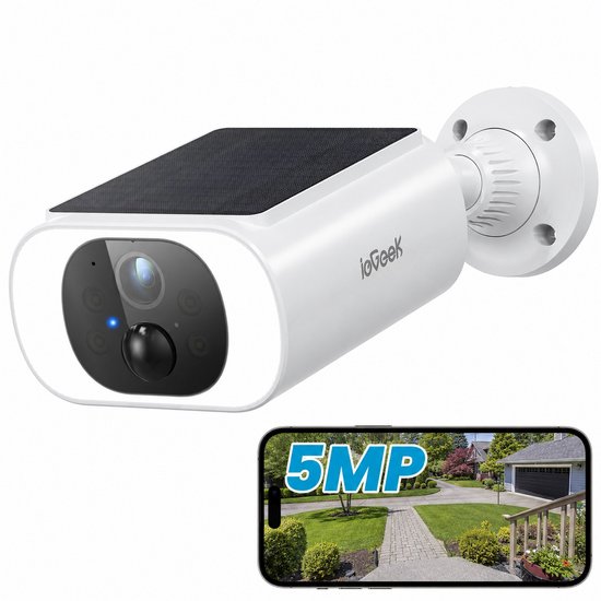 ieGeek 5MP HD Buiten Bewakingscamera - Batterij Wi-Fi - HD Draadloze Bewakingscamera met Zonnepaneel - PIR Bewegingsdetectie en Alarm - Kleuren Nachtzicht - Ondersteund door Alexa - 2-Weg Audio van ieGeek
