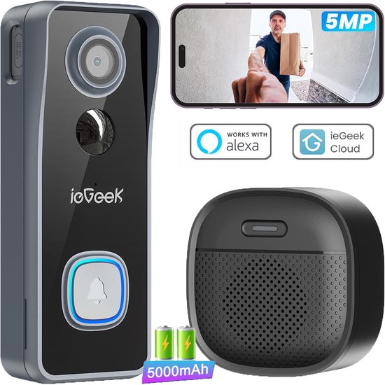 ieGeek 5MP Wifi-videodeurbel met camera - draadloze videodeurbel met gong - nachtzicht - 2-weg audio - PIR-persoonsherkenning van Merkloos