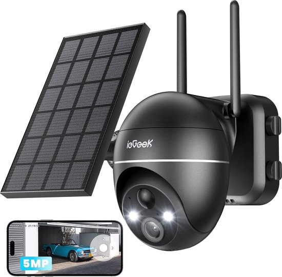 ieGeek 5MP WLAN bewakingscamera op zonne-energie voor buiten, accu, PTZ 360° draadloze IP-camerabewaking outdoor met kleurennachtzicht, PIR-bewegingsmelder, sirene/witlichtalarm, 2-weg audio van ieGeek