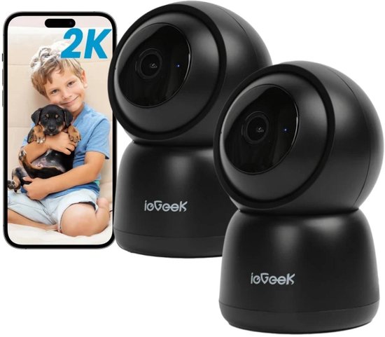 ieGeek Beveiligingscamera Binnen - 2K 3MP Ultra HD - Huisdiercamera met App - Beveiligingscamera's - Wifi Camera APP - AI Tracking - Bewakingscamera - 2.4/5 GHz - 2 stuks - Zwart van Merkloos