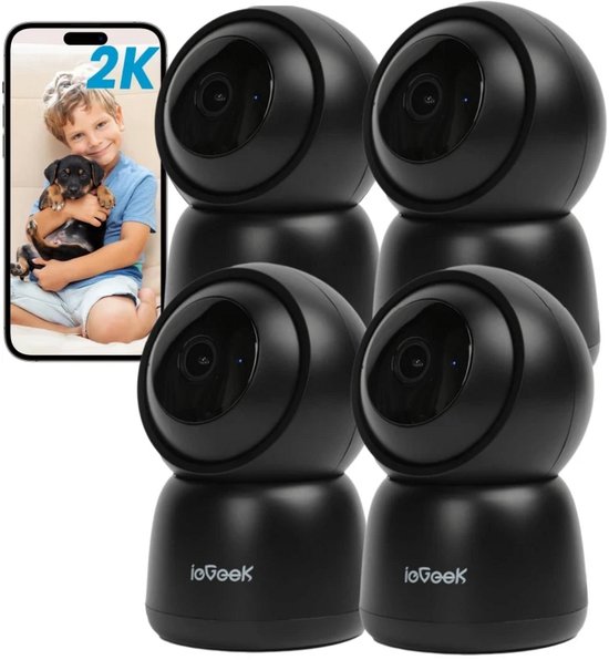 ieGeek Beveiligingscamera Binnen - 2K 3MP Ultra HD - Huisdiercamera met App - Beveiligingscamera's - Wifi Camera APP - AI Tracking - Bewakingscamera - 2.4/5 GHz - 4 stuks - Zwart