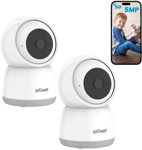 ieGeek Beveiligingscamera binnen - 5MP Ultra HD - Huisdiercamera met app - Beveiligingscamera's - Wifi Camera APP - Volgt beweging en geluidsdetectie - Bewakingscamera - 2.4/5 GHz - 2Stuks - Wit