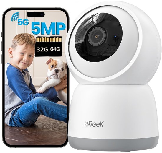 ieGeek Beveiligingscamera binnen - 5MP Ultra HD - Huisdiercamera met app - Beveiligingscamera's - Wifi Camera APP - Volgt beweging en geluidsdetectie - Bewakingscamera - 2.4/5 GHz - 32GB 64GBKaart - Wit van Merkloos