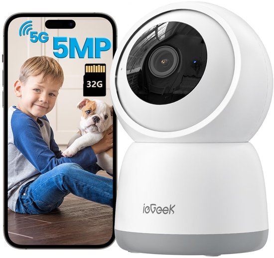 ieGeek Beveiligingscamera binnen - 5MP Ultra HD - Huisdiercamera met app - Beveiligingscamera's - Wifi Camera APP - Volgt beweging en geluidsdetectie - Bewakingscamera - 2.4/5 GHz - 32GB Kaart - Wit van Merkloos