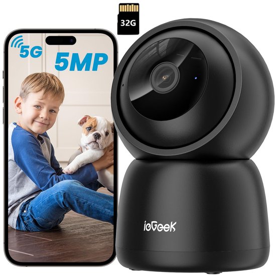 ieGeek Beveiligingscamera binnen - 5MP Ultra HD - Huisdiercamera met app - Beveiligingscamera's - Wifi Camera APP - Volgt beweging en geluidsdetectie - Bewakingscamera - 2.4/5 GHz - 32GB-KAART - Zwart van Merkloos