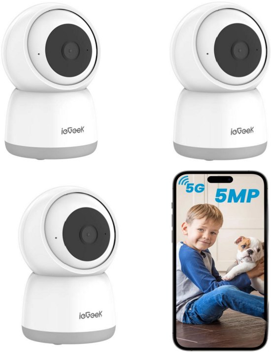 ieGeek Beveiligingscamera binnen - 5MP Ultra HD - Huisdiercamera met app - Beveiligingscamera's - Wifi Camera APP - Volgt beweging en geluidsdetectie - Bewakingscamera - 2.4/5 GHz - 3Stuks - Wit van Merkloos