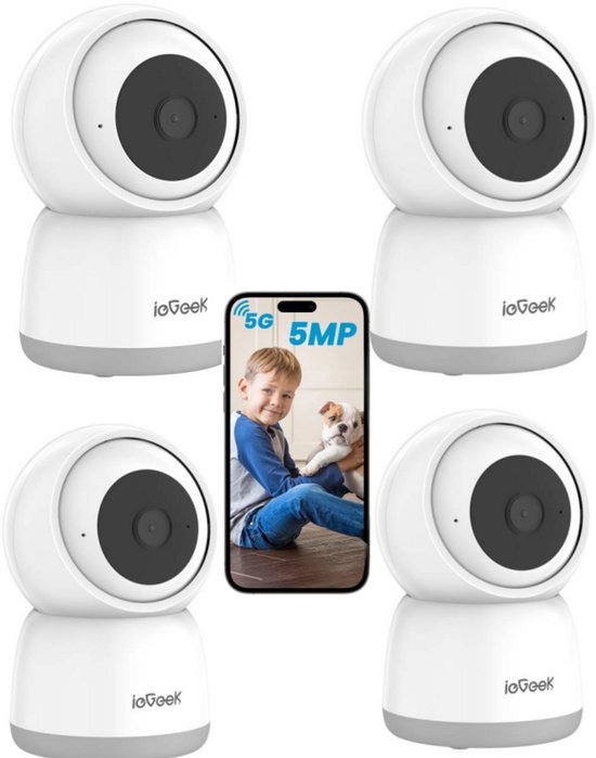ieGeek Beveiligingscamera binnen - 5MP Ultra HD - Huisdiercamera met app - Beveiligingscamera's - Wifi Camera APP - Volgt beweging en geluidsdetectie - Bewakingscamera - 2.4/5 GHz - 4Stuks - Wit
