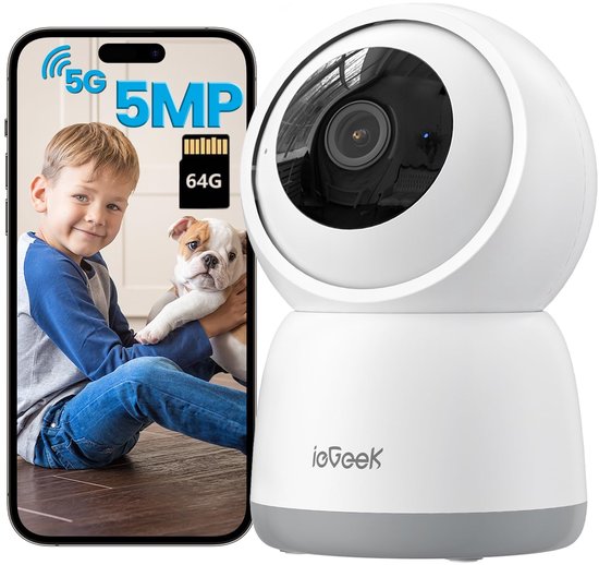 ieGeek Beveiligingscamera binnen - 5MP Ultra HD - Huisdiercamera met app - Beveiligingscamera's - Wifi Camera APP - Volgt beweging en geluidsdetectie - Bewakingscamera - 2.4/5 GHz - 64GB Kaart - Wit van Merkloos