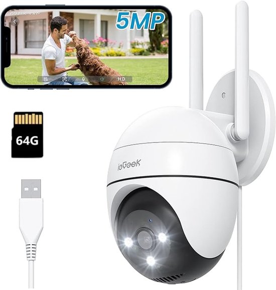 ieGeek Beveiligingscamera Buiten – 5MP - Buiten Camera Met Nachtzicht – Buitencamera - Bewakingscamera voor Buiten- Met WiFi en APP - Incl. 64GB SD van Merkloos