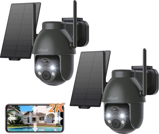 ieGeek Beveiligingscamera Draadloos Buiten - 2K Solar Wifi Camera - voor Huisbeveiliging - Batterijgevoede 3MP Bewakingscamera - 360° PTZ - Kleuren Nachtzicht - PIR Bewegingsdetectiesensor - Sirene - 2-Weg Audio - 2 Stuks