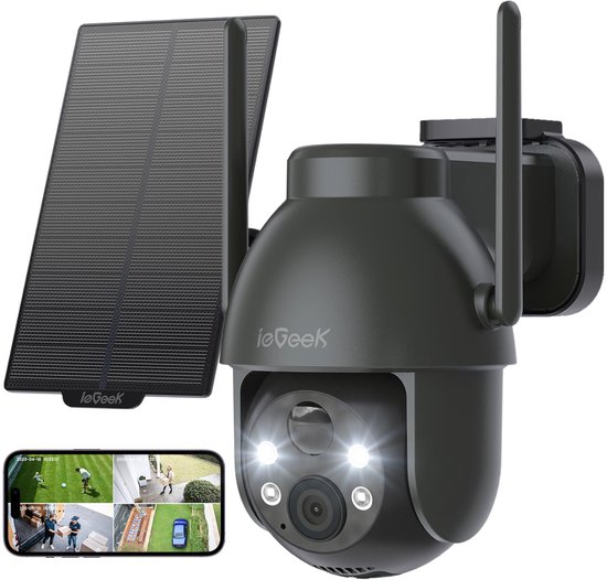 ieGeek Beveiligingscamera Draadloos Buiten - 2K Solar Wifi Camera - voor huisbeveiliging - batterijgevoede 3MP bewakingscamera - 360° PTZ - kleuren nachtzicht - PIR bewegingsdetectiesensor - sirene - 2-weg audio van Merkloos