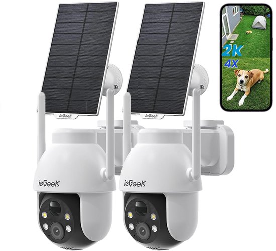ieGeek Beveiligingscamera Draadloos Buiten - 2K Solar Wifi Camera - voor Huisbeveiligingssysteem - Batterijgevoede Bewakingscamera met Zonnepaneel - 360° PTZ - Kleuren Nachtzicht - Bewegingssensor - Werkt met Alexa - 2Stuks