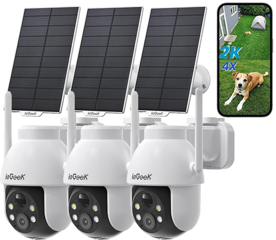 ieGeek Beveiligingscamera Draadloos Buiten - 2K Solar Wifi Camera - voor Huisbeveiligingssysteem - Batterijgevoede Bewakingscamera met Zonnepaneel - 360° PTZ - Kleuren Nachtzicht - Bewegingssensor - Werkt met Alexa - 3 Stuks van Merkloos