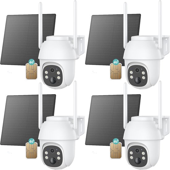 ieGeek Beveiligingscamera Draadloos Buiten - 2K Solar Wifi Camera - voor Huisbeveiligingssysteem - Batterijgevoede Bewakingscamera met Zonnepaneel - 360° PTZ - Kleuren Nachtzicht - Bewegingssensor - Werkt met Alexa - 4 Stuks van ieGeek