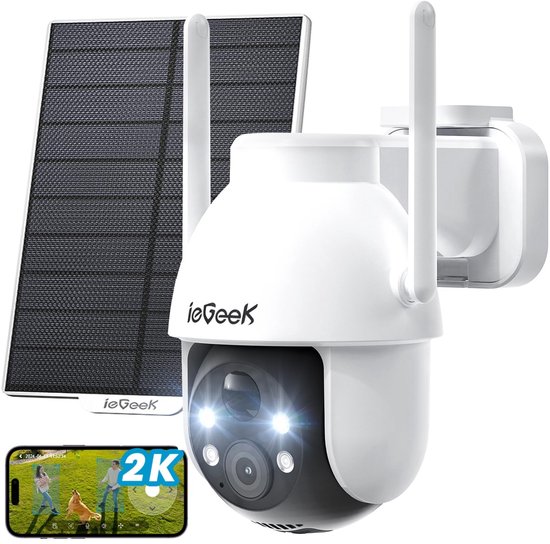 ieGeek Beveiligingscamera Draadloos Buiten - 2K Solar Wifi Camera - voor Huisbeveiligingssysteem - Batterijgevoede Bewakingscamera met Zonnepaneel - 360° PTZ - Kleuren Nachtzicht - Bewegingssensor - Werkt met Alexa van Merkloos