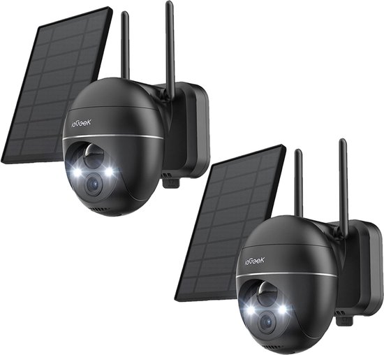 ieGeek Beveiligingscamera Draadloos Buiten – 2K Ultra HD - Camerabewaking - Bewakingscamera Voor Buiten - Buitencamera - Buiten Camera Met Nachtzicht - Oplaadbaar - Met WiFi en APP - Incl. Zonnepaneel - 360° PTZ - Zwart - 2 Stuks