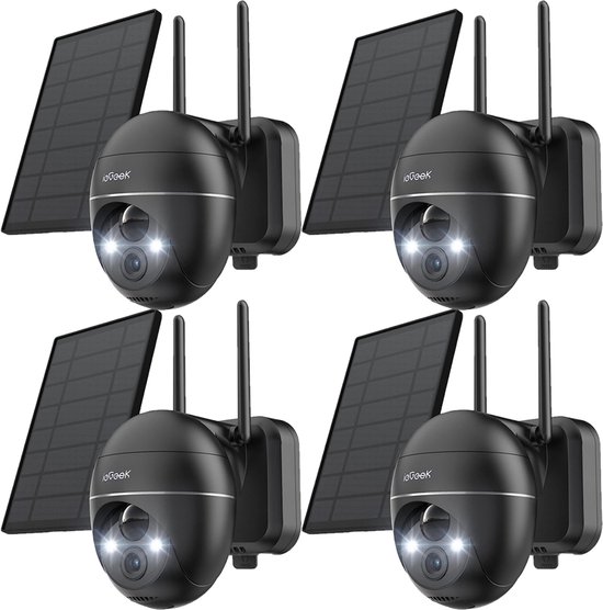 ieGeek Beveiligingscamera Draadloos Buiten – 2K Ultra HD - Camerabewaking - Bewakingscamera Voor Buiten - Buitencamera - Buiten Camera Met Nachtzicht - Oplaadbaar - Met WiFi en APP - Incl. Zonnepaneel - 360° PTZ - Zwart - 4 Stuks van Merkloos
