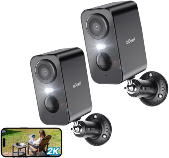 ieGeek Beveiligingscamera Draadloos Buiten – 2K Ultra HD - Camerabewaking - Bewakingscamera Voor Buiten - Buitencamera - Buiten Camera Met Nachtzicht - Oplaadbaar - Met WiFi en APP - Zwart - 2 Stuks van Merkloos