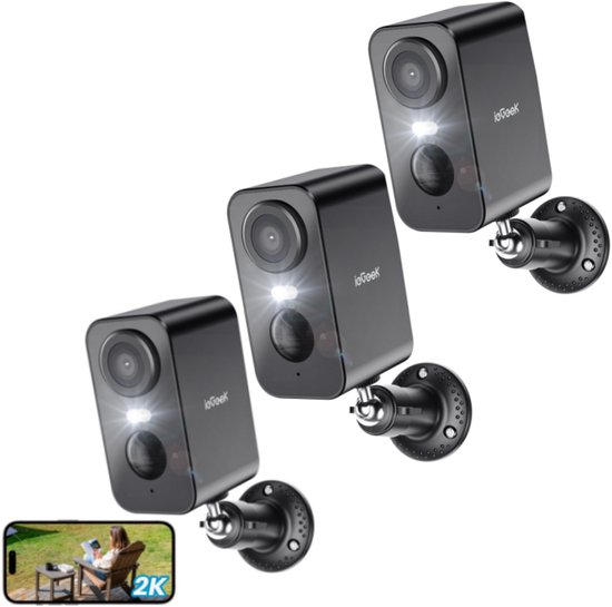 ieGeek Beveiligingscamera Draadloos Buiten – 2K Ultra HD - Camerabewaking - Bewakingscamera Voor Buiten - Buitencamera - Buiten Camera Met Nachtzicht - Oplaadbaar - Met WiFi en APP - Zwart - 3 Stuks van Merkloos