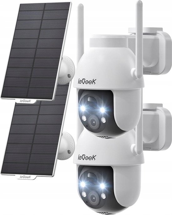 ieGeek Beveiligingscamera Draadloze Buiten, 360° PTZ Buitencamera, 2K Zonne-Beveiligingscamera's voor Thuis, Spotlight en Sirene/2.4G WiFi/3MP Kleurennachtzicht/2-Weg Praten/PIR-Detectie, 2 stuks van ieGeek