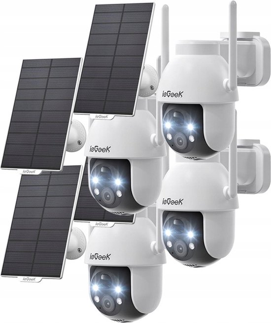ieGeek Beveiligingscamera Draadloze Buiten, 360° PTZ Buitencamera, 2K Zonne-Beveiligingscamera's voor Thuis, Spotlight en Sirene/2.4G WiFi/3MP Kleurennachtzicht/2-Weg Praten/PIR-Detectie, 4 stuks van ieGeek