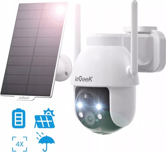 ieGeek Beveiligingscamera Draadloze Buiten, 360° PTZ Buitencamera, 2K Zonne-Beveiligingscamera's voor Thuis, Spotlight en Sirene/2.4G WiFi/3MP Kleurennachtzicht/2-Weg Praten/PIR-Detectie van ieGeek