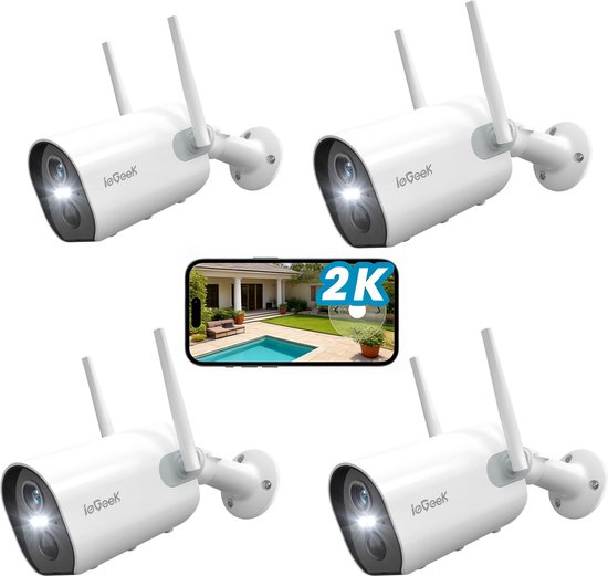ieGeek Bewakingscamera Voor Buiten – 2K HD 3MP - Buiten Camera Met Nachtzicht – Buitencamera - Beveiligingscamera Buiten - Met WiFi en APP - 4 Stuks van Merkloos