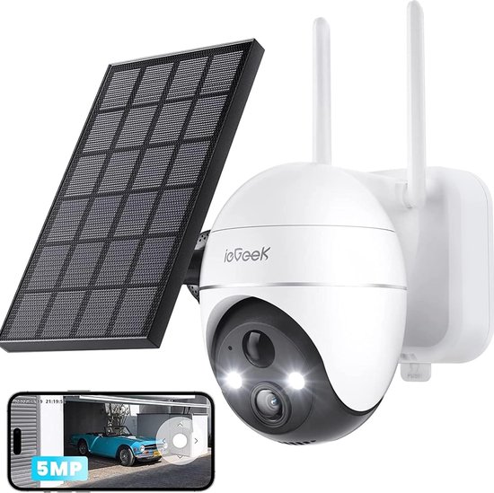 ieGeek Bewakingscamera voor buiten, accu, 5MP camera, bewaking buiten, zonne-energie, 360° WLAN-camera, outdoor, draadloze buitencamera met gekleurd nachtzicht en PIR-persoonsherkenning, alarm van ieGeek