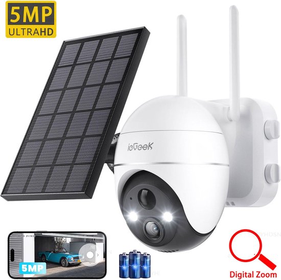 ieGeek Buiten Draadloze WiFi Bewakingscamera Batterij - Zonnepaneel - 5MP Buiten Solar Camera 2,4GHz -Direct PIR Alarm - Sirene - Nachtzicht - Twee-weg Audio van ieGeek