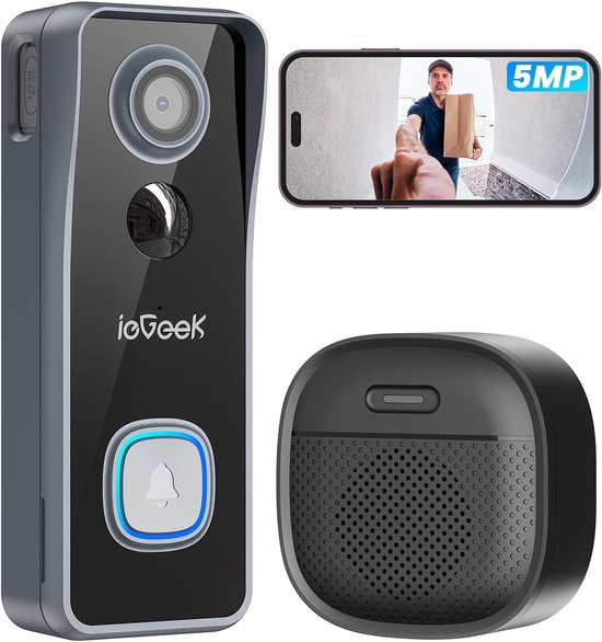 ieGeek Deurbel Camera Draadloos 5MP - videodeurbel - geen abonnement - nachtzicht - 2-weg audio - PIR-bewegingsdetectie - 2,4 GHz wifi van Merkloos