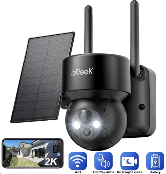 ieGeek DQ201 Bewakingscamera Buiten Draadloos met Batterij - 2K 360° PTZ zonnecamera - PIR Bewegingsdetectie - bidirectionele audio van ieGeek
