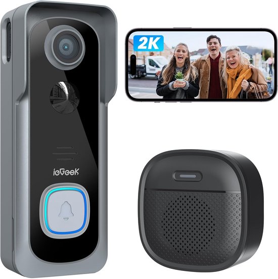 ieGeek Draadloze Video Deurbel met Camera - 2K FHD - WiFi - Zonder Abonnement - Bewegingsdetectie - Nachtzicht - Twee-weg Audio - Waterdicht - Inclusief Gong van ieGeek