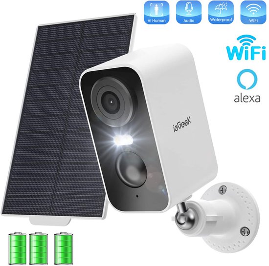 ieGeek Draadloze WiFi Bewakingscamera voor Buiten/Binnen - 2K IP-camera met Zonnepaneel - Nachtzicht in Kleur - Tweewegaudio - PIR-bewegingsdetectie - AI-detectie van ieGeek